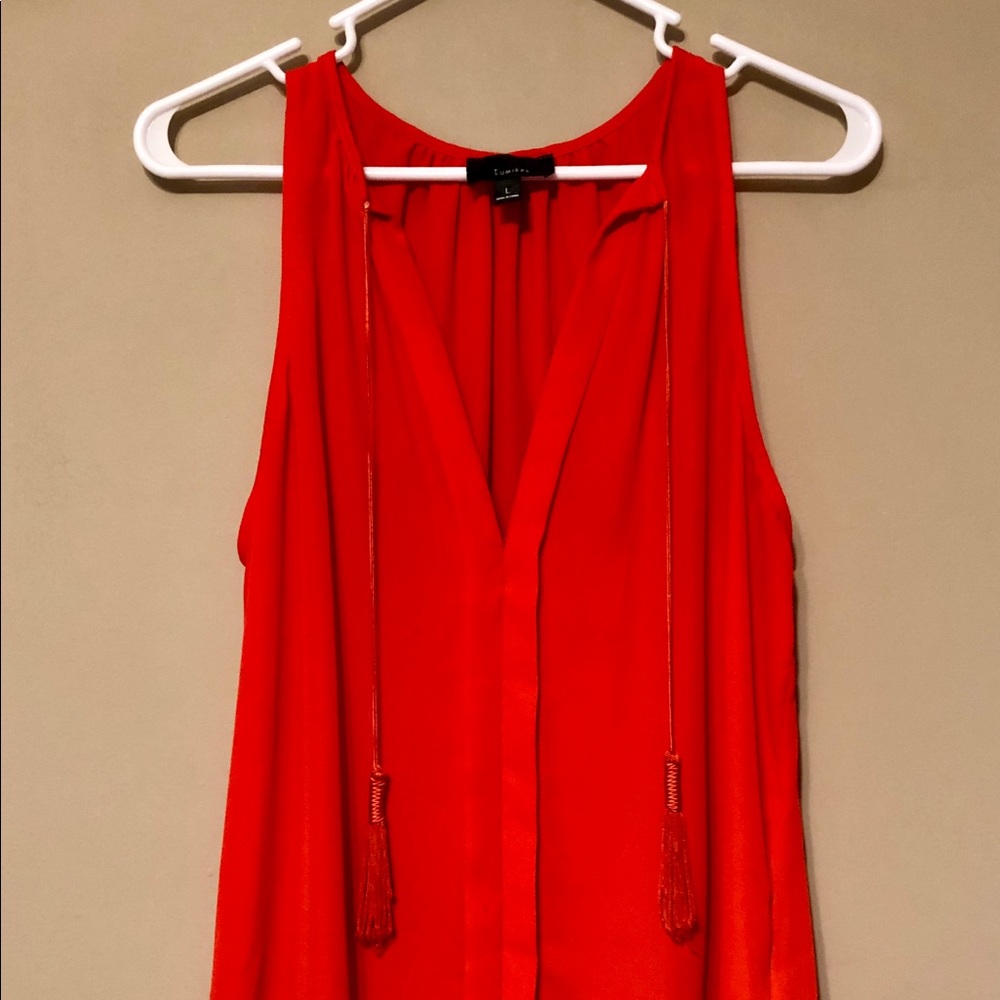 Orange Red Sleeveless Blouse with Tassels